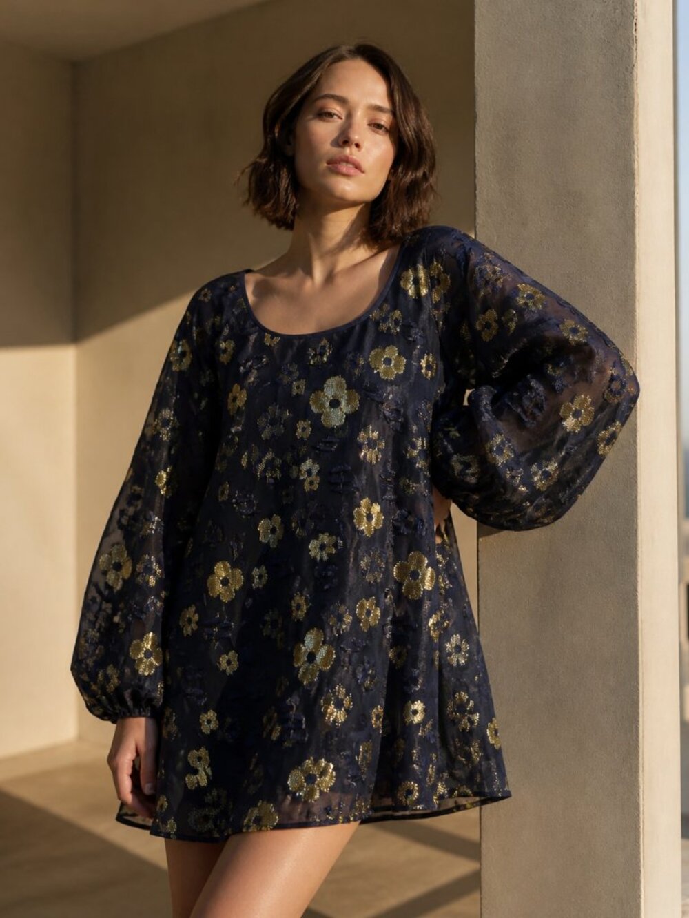 Arianne Elmy Good Luck Organza Metallic Floral Mini Dress Navy Gold L